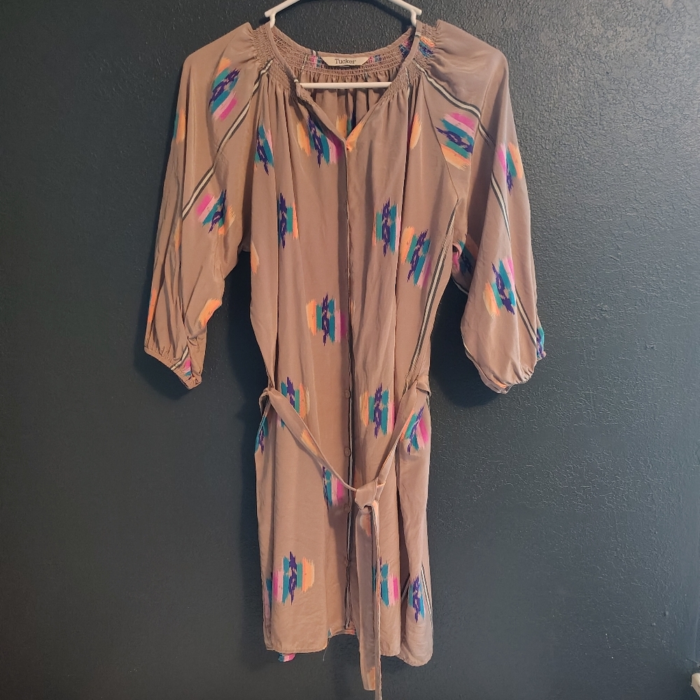 Tucker 100 Silk Tan Dress with Colorful Patterns